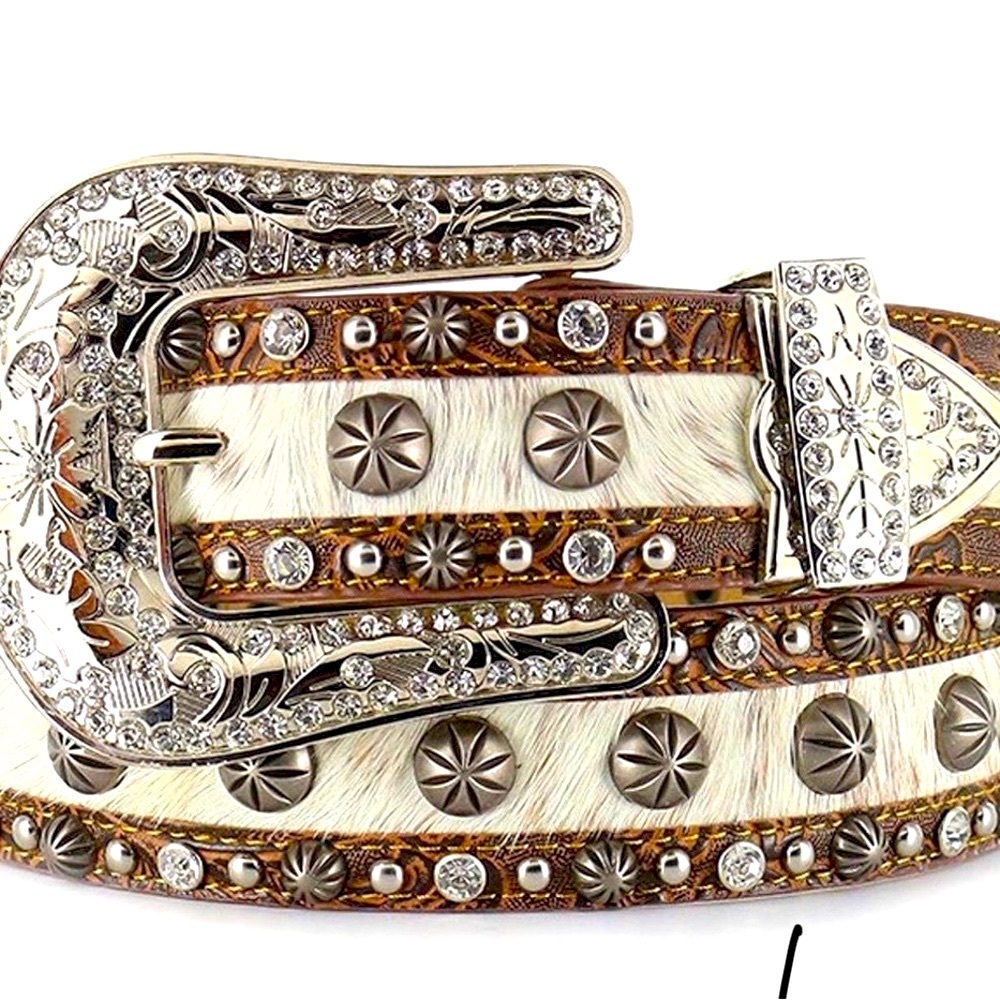 Angel Ranch Western Belt Silver Buckle genuine leather cowhide fur